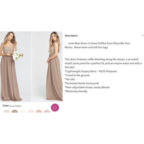 Show Me Your MuMu June Maxi Dress Size XS Dune Crisp Chiffon Brown Smocked Flowy - Picture 9 of 11